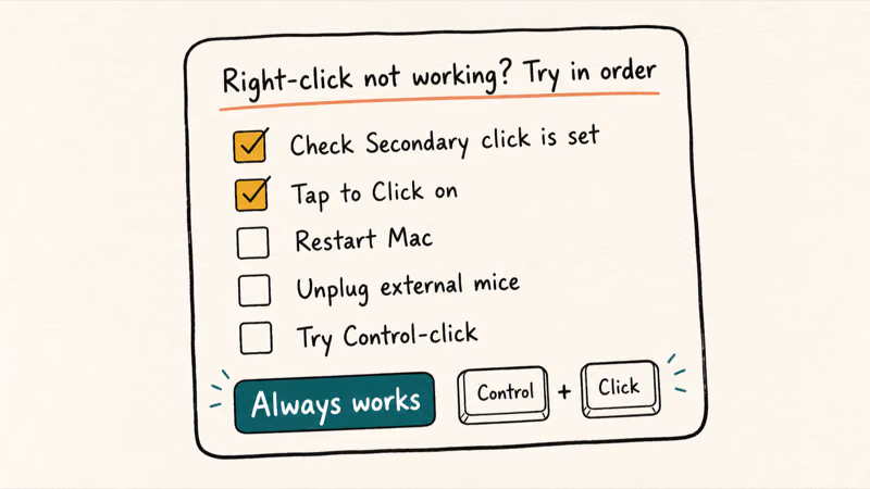 Hand-drawn five-step right-click troubleshooting checklist with Control-click highlighted as universal fallback