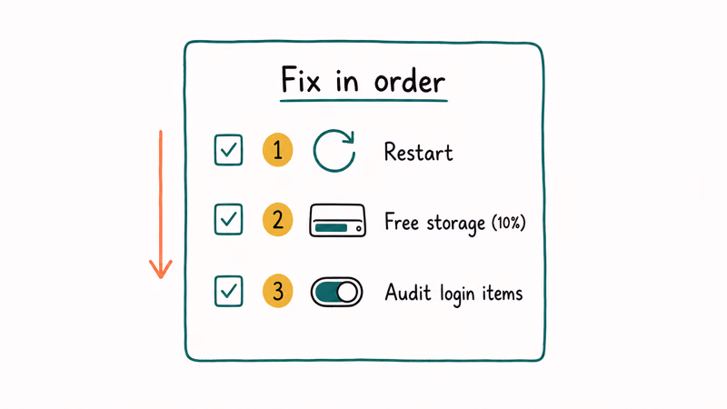 Ordered three-step Mac fix checklist: restart, free up storage, then audit login items