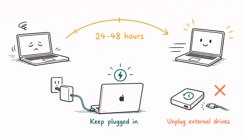 Twenty-four to forty-eight hour wait window with Mac kept on power and external drives unplugged
