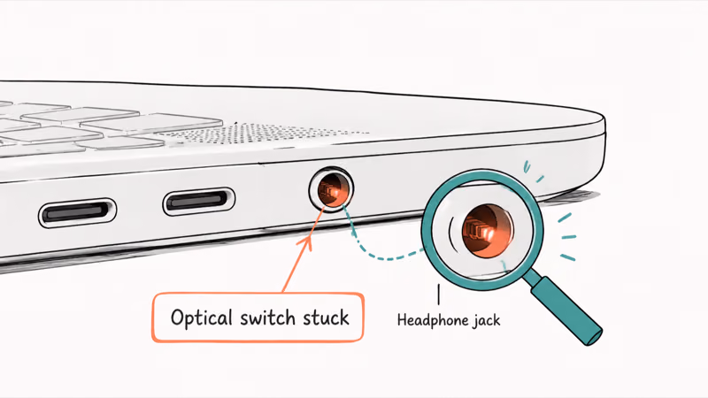 Close-up of a Mac headphone jack with faint red glow signaling a stuck optical switch
