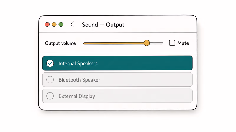 macOS Sound Output panel with Internal Speakers selected over dimmed Bluetooth and display devices