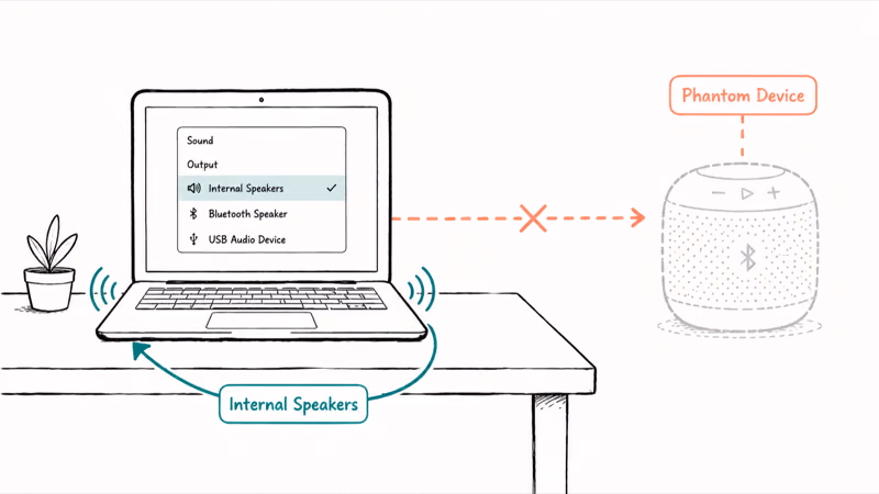 Mac wrongly routing audio to a faded disconnected Bluetooth speaker instead of internal speakers