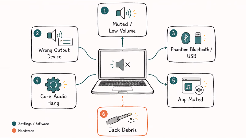 Hand-drawn overview of common Mac no-sound causes from settings down to hardware faults