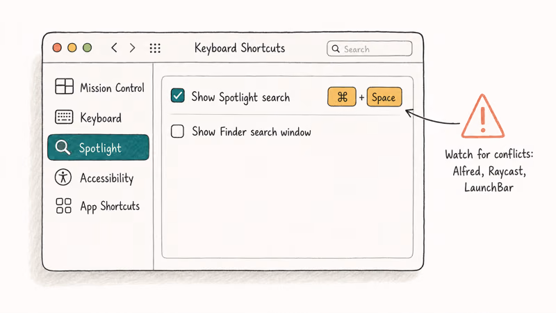 Hand-drawn macOS Keyboard Shortcuts pane highlighting Show Spotlight search bound to Command Space.