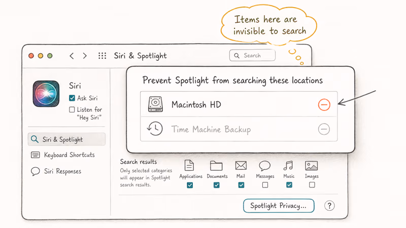 Illustration of Siri and Spotlight privacy modal showing Macintosh HD with remove button highlighted.