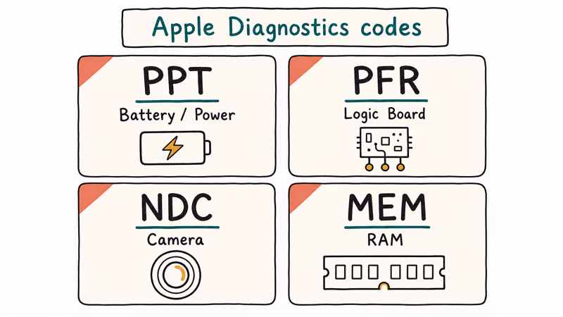 Hand drawn legend mapping Apple Diagnostics reference codes PPT PFR NDC and MEM to subsystems.