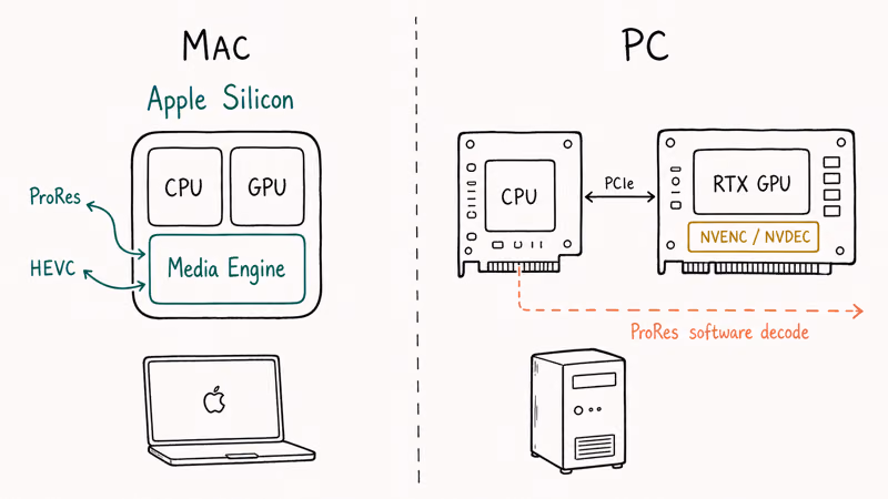 Side-by-side diagram comparing Apple Silicon SoC media engine to PC discrete GPU video pipeline.