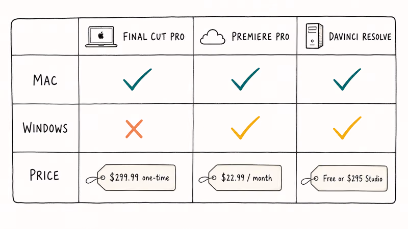 Matrix comparing Final Cut Pro, Premiere Pro, and DaVinci Resolve across platform support and pricing.