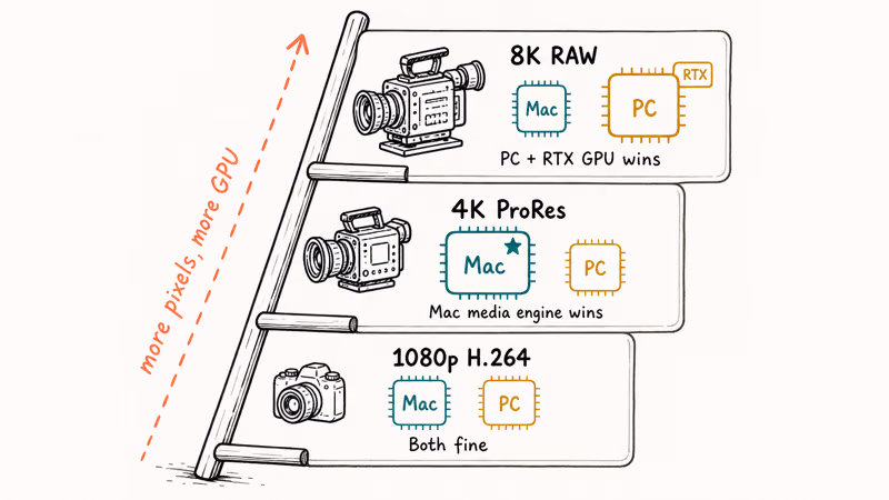 Ladder mapping 1080p, 4K ProRes, and 8K RAW workloads to Mac or PC hardware strengths.