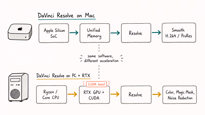 Pipelines showing DaVinci Resolve on Apple Silicon Mac versus a CUDA-accelerated NVIDIA RTX build.