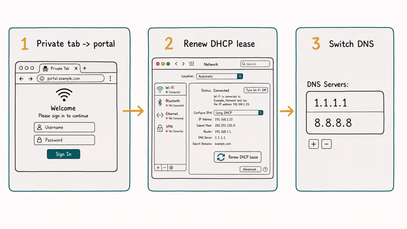 Three ordered fixes captive portal login, DHCP lease renewal, then DNS change