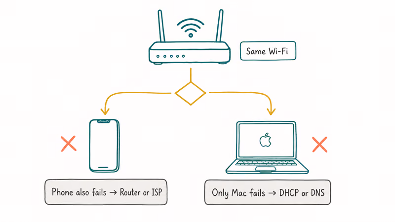 Phone test splitting a Mac-side fault from a router or ISP outage clearly
