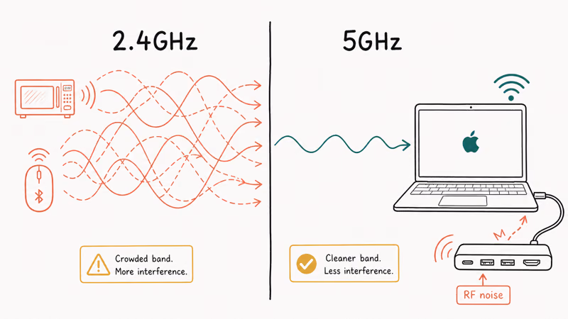 Crowded 2.4GHz band versus clear 5GHz with a USB-C hub causing antenna interference