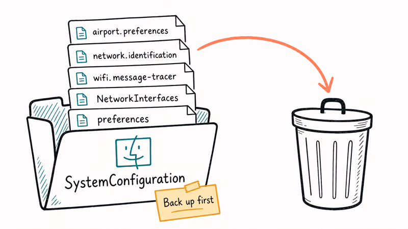 SystemConfiguration folder with five network plist files dragged to Trash after backup