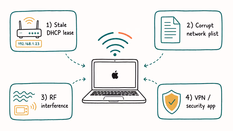Four common causes of Mac Wi-Fi drops shown as labeled hand-drawn cards