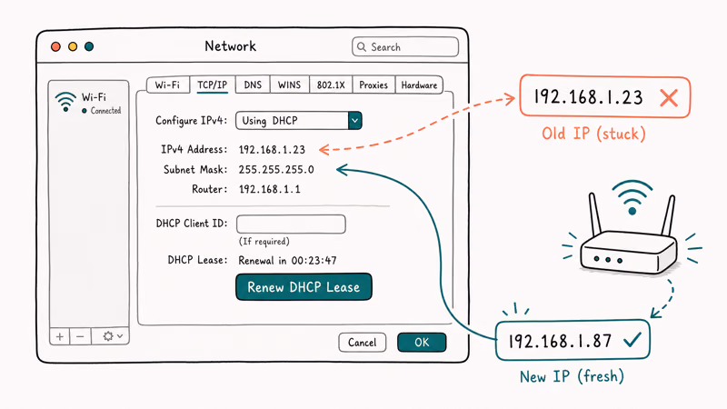 macOS Network panel renewing the DHCP lease swapping a stuck IP for a fresh one