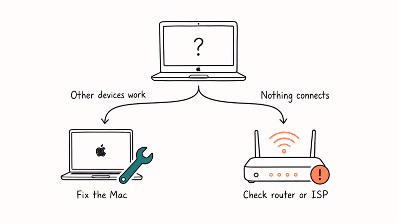 Decision sketch showing whether a Mac Wi-Fi fault lives on the Mac or the router