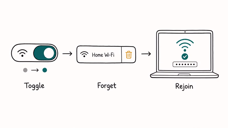 Three ordered Mac Wi-Fi quick fixes toggle the radio forget the network then rejoin