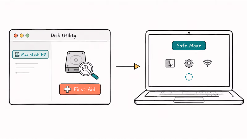 Running Disk Utility First Aid and booting macOS into Safe Mode to fix updates