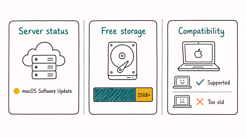 Three pre-update checks for a Mac: Apple server status, free storage, compatibility