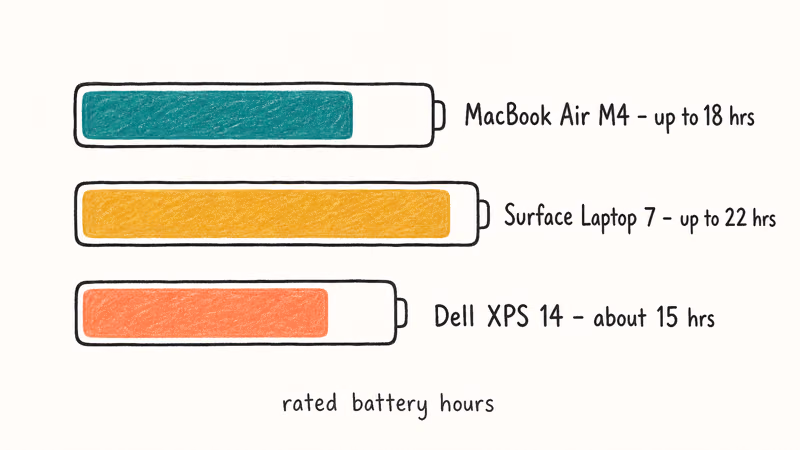 Battery life bars comparing MacBook Air M4, Surface Laptop 7, and Dell XPS 14