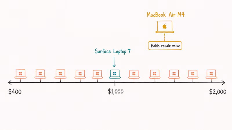 Price range spectrum from budget Windows laptops up to premium MacBook Air M4