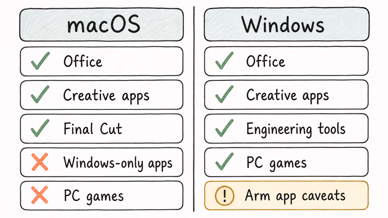 App compatibility chart showing which software runs on macOS versus a Windows laptop