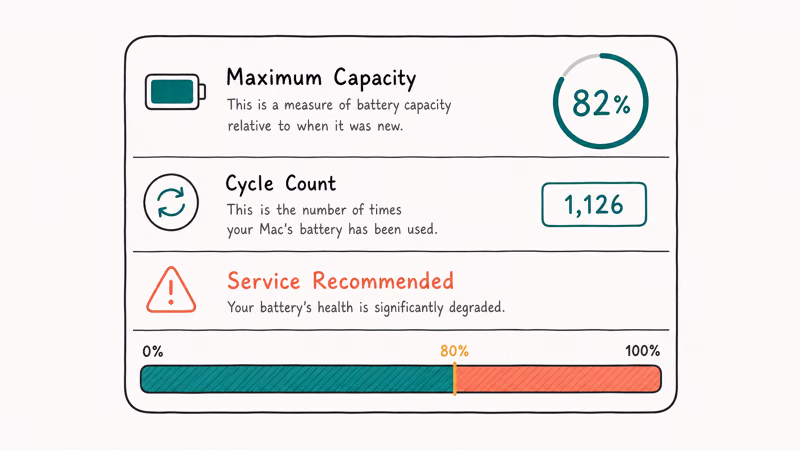 MacBook Battery Health panel showing Maximum Capacity, Cycle Count, and Service Recommended status