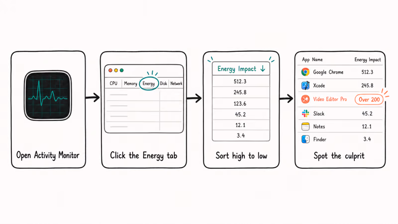 Flowchart of finding a power-hungry app in the Activity Monitor Energy tab