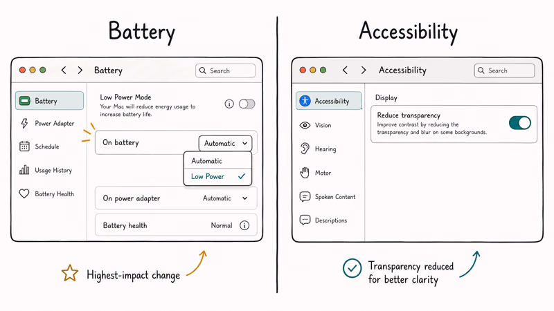 Two MacBook settings panels showing Low Power mode and Reduce transparency switched on
