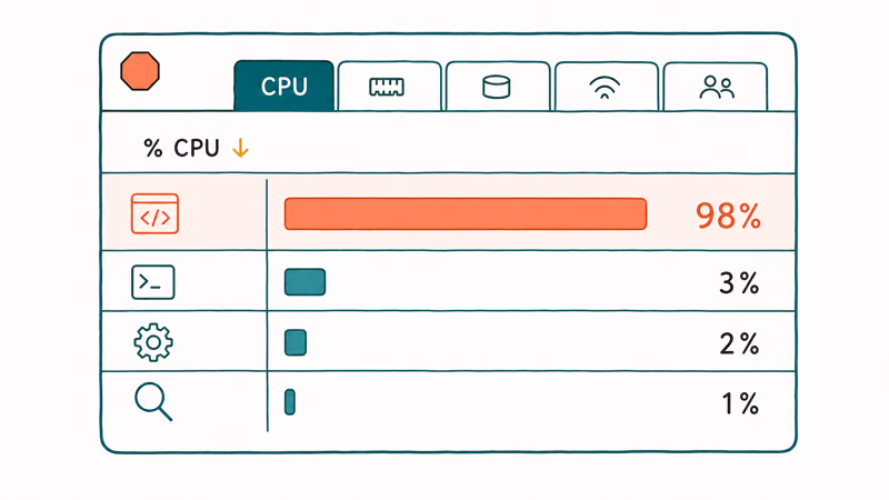 Activity Monitor CPU tab sorted by usage with one runaway process pinned at the top