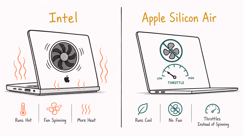 Intel MacBook spinning a loud cooling fan beside an Apple silicon Air that throttles with no fan