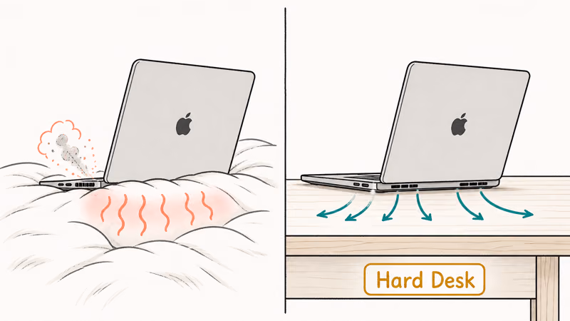 MacBook trapping heat on a soft surface versus breathing freely with clear airflow on a hard desk