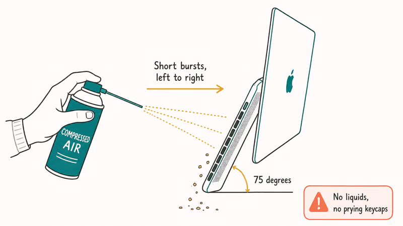 MacBook tilted at seventy-five degrees while compressed air sprays debris out from under stuck keys