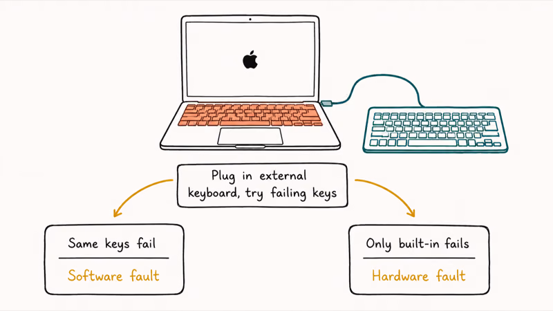MacBook connected to an external keyboard branching into software versus hardware diagnosis outcomes