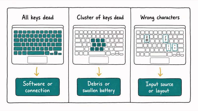 Hand-drawn chart matching MacBook keyboard symptom patterns to their likely software or hardware causes