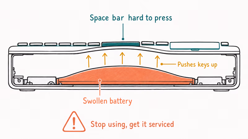 Cutaway of a MacBook showing a swollen battery pushing up against the keyboard and trackpad