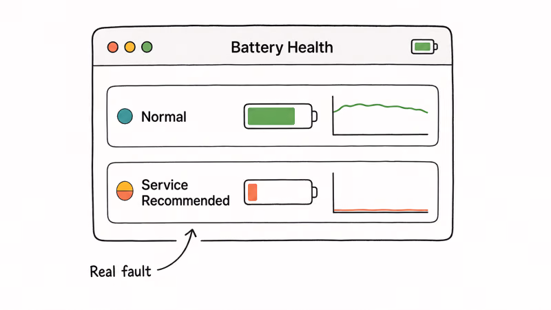 macOS Battery Health panel comparing Normal status against Service Recommended replacement warning