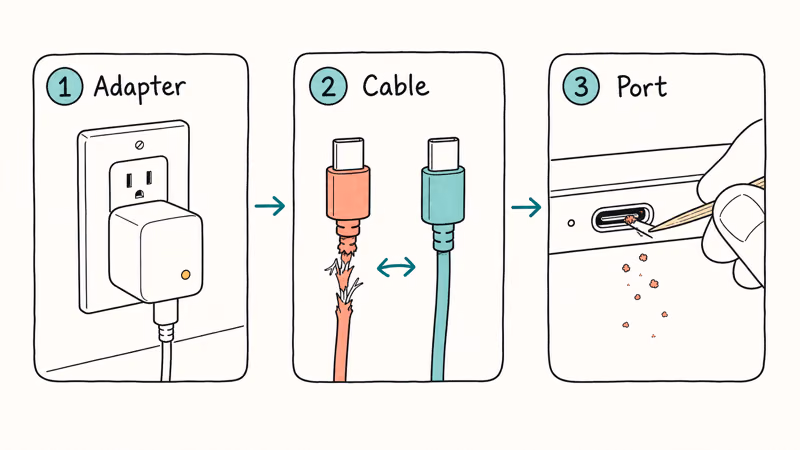 Hand checking MacBook USB-C cable adapter and port for lint and damage