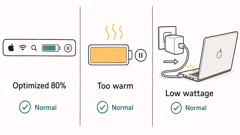 MacBook battery menu showing optimized charging paused near eighty percent while plugged in