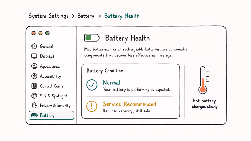 macOS Battery Health settings panel showing Normal versus Service Recommended condition for a MacBook battery