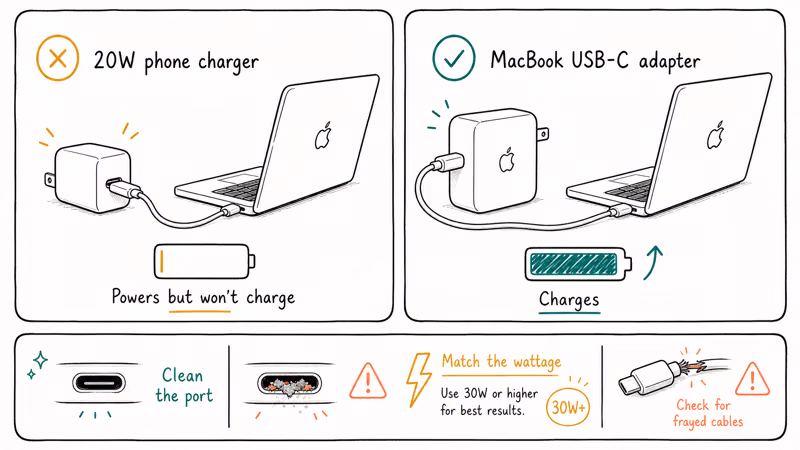 Comparison of low-watt phone charger versus correct higher-wattage MacBook USB-C power adapter