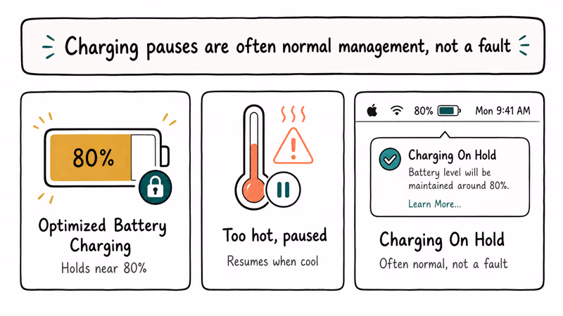 MacBook menu bar showing normal charging pause states like charging on hold near eighty percent