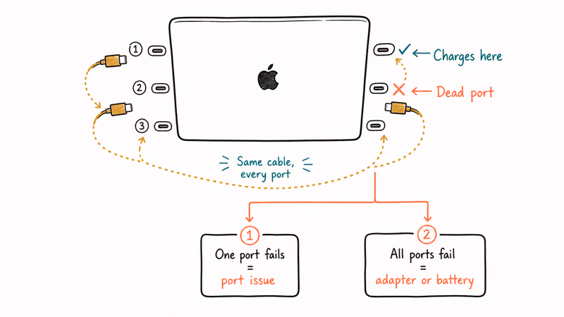 Testing each MacBook USB-C port with one known-good cable to isolate a faulty port