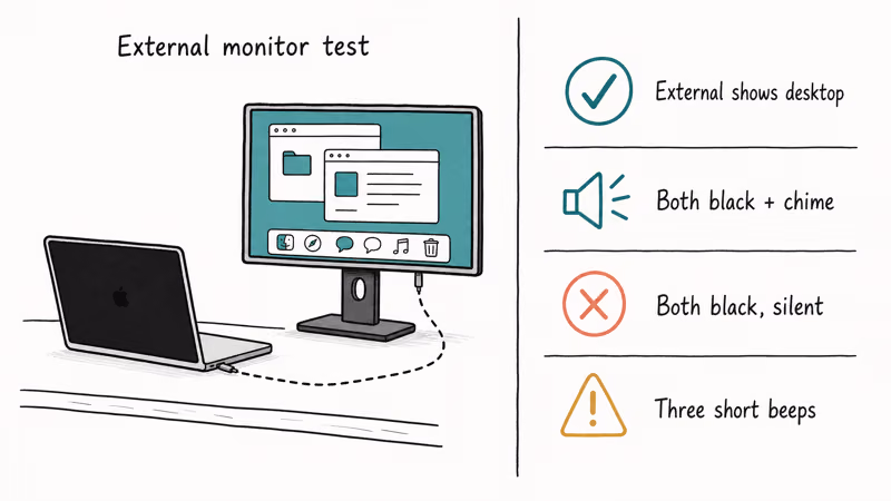 Hand-drawn split diagram showing MacBook external monitor diagnostic with four black screen outcome categories.