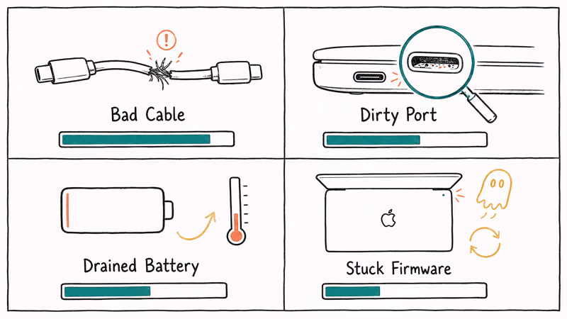 Four common MacBook power failure causes including cable and dirty port