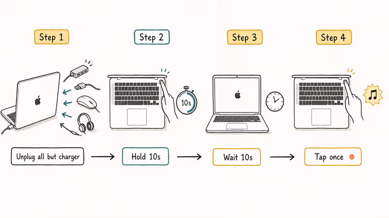 Four-step hand-drawn flowchart showing the MacBook ten-second power cycle sequence with timer labels.