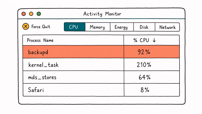 macOS Activity Monitor sorted by CPU percentage highlighting a runaway process ready to force quit