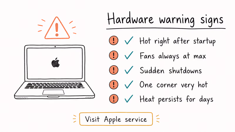 Checklist of hardware warning signs like constant max fans and sudden thermal shutdowns on a MacBook