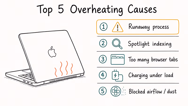 Ranked list of five common MacBook overheating causes from runaway processes to dust buildup